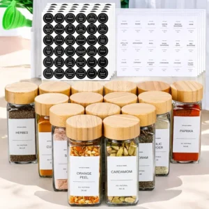 15/24/36 Pcs Glass Seasoning Jars with Bamboo Lids - Foldable Funnels with labeled Stickers